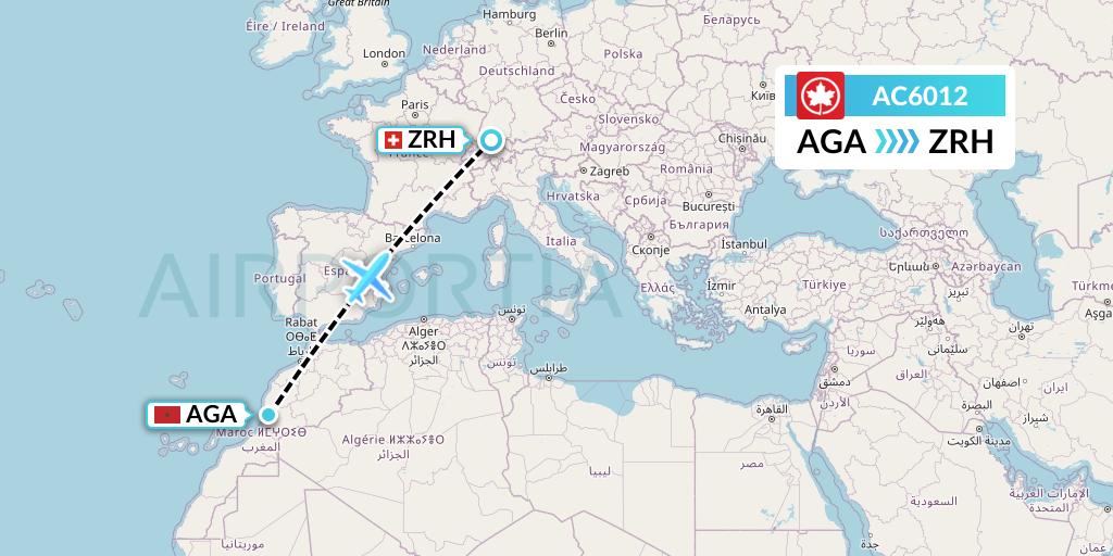 AC6012 Air Canada Flight Map: Agadir to Zurich