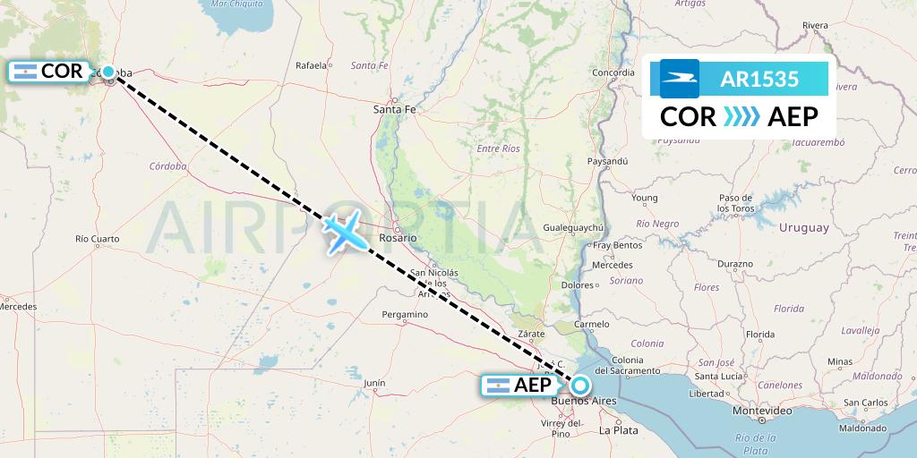 AR1535 Aerolineas Argentinas Flight Map: Cordoba to Buenos Aires