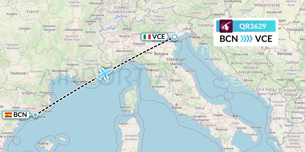 QR3629 Qatar Airways Flight Map: Barcelona to Venice