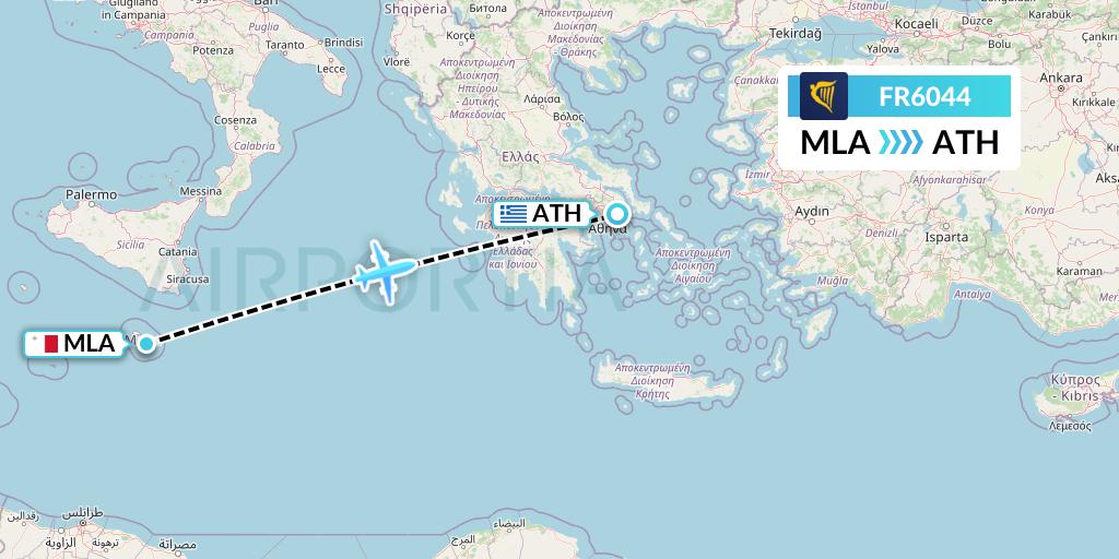 FR6044 Ryanair Flight Map: Malta to Athens