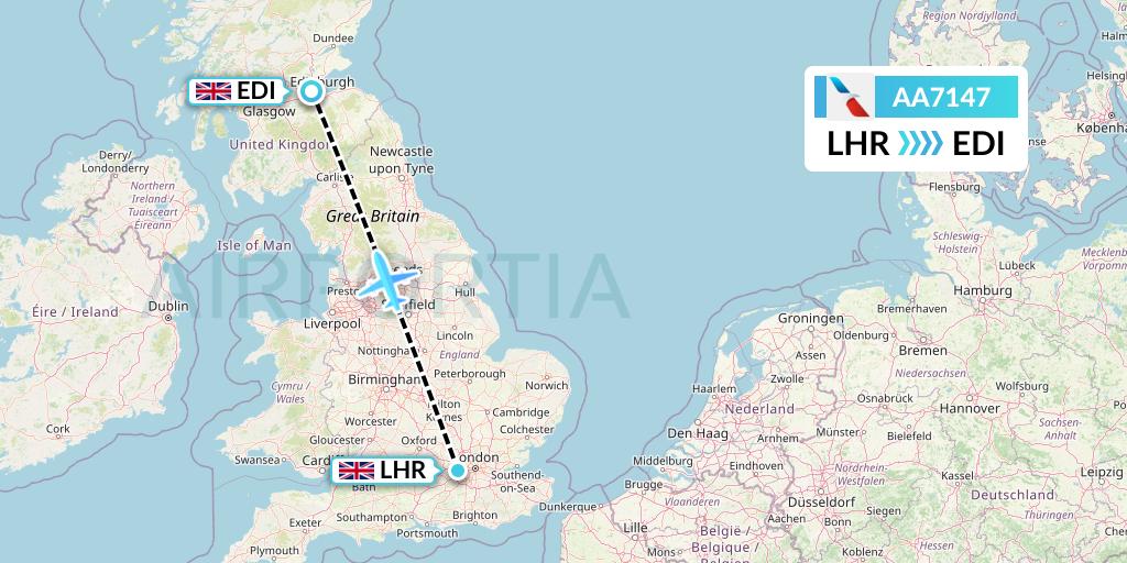 AA7147 American Airlines Flight Map: London to Edinburgh