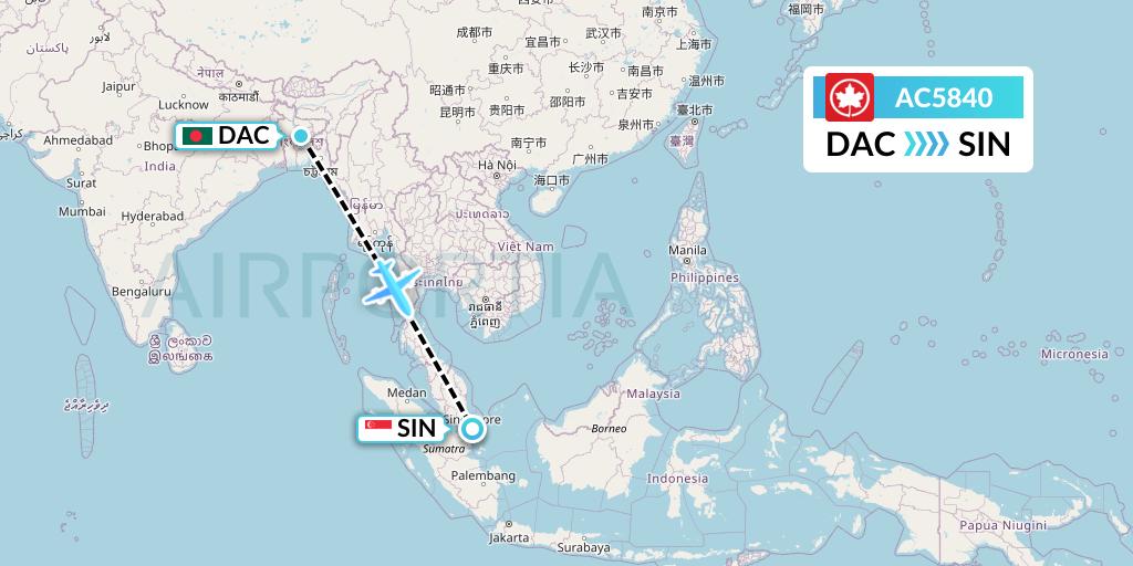 AC5840 Air Canada Flight Map: Dhaka to Singapore