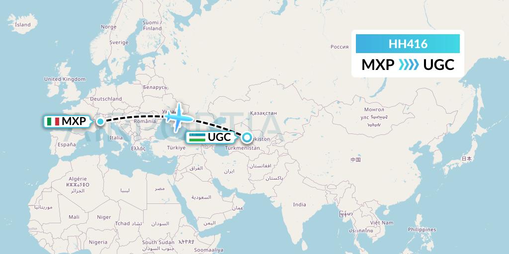 HH416 Qanot Sharq Flight Map: Milan to Urgench