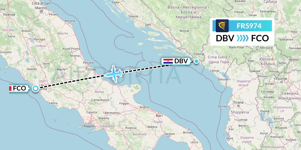 FR5974 Ryanair Flight Map: Dubrovnik to Rome