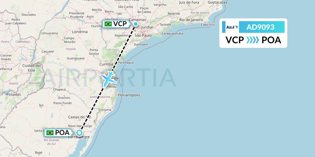 AD9093 Azul Brazilian Airlines Flight Map: Campinas to Porto Alegre