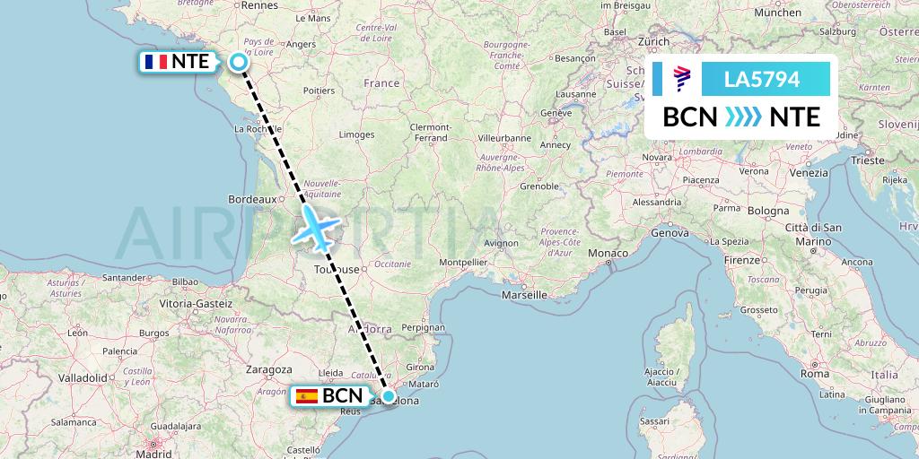 LA5794 LAN Airlines Flight Map: Barcelona to Nantes