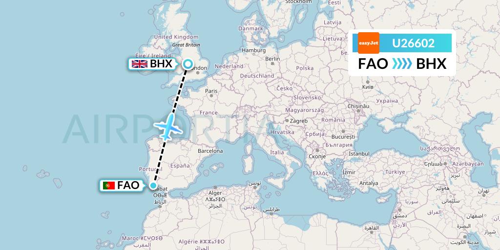 U26602 EasyJet Flight Map: Faro to Birmingham