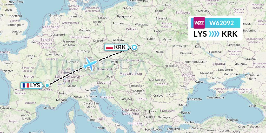 W62092 Wizz Air Flight Map: Lyon to Krakow