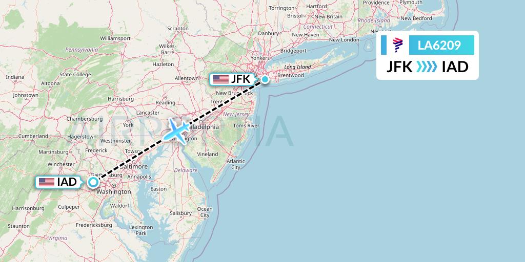 LA6209 LAN Airlines Flight Map: New York to Washington