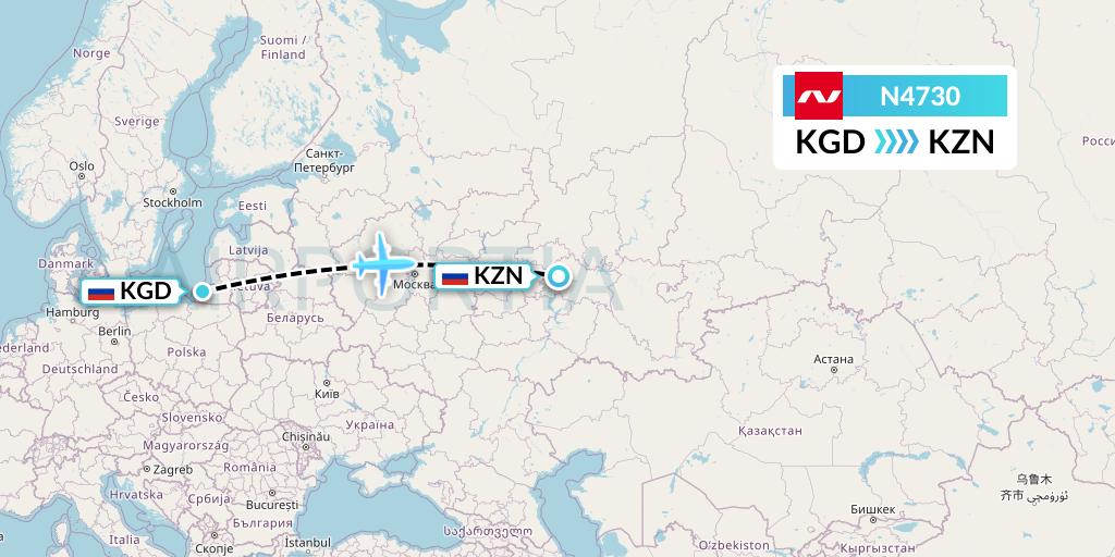 N4730 Nordwind Airlines Flight Map: Kaliningrad to Kazan