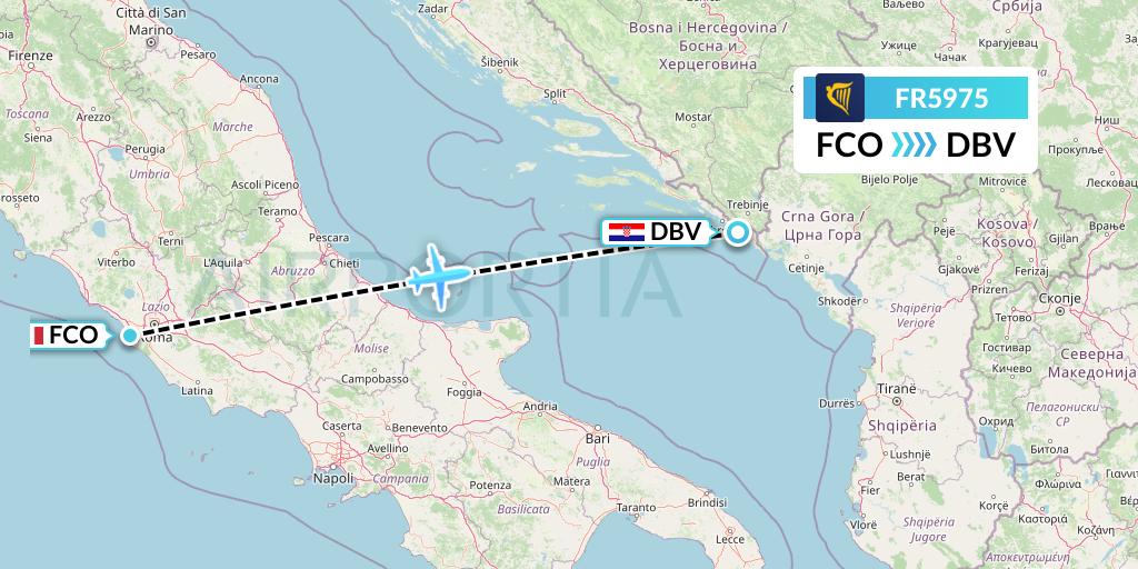 FR5975 Ryanair Flight Map: Rome to Dubrovnik