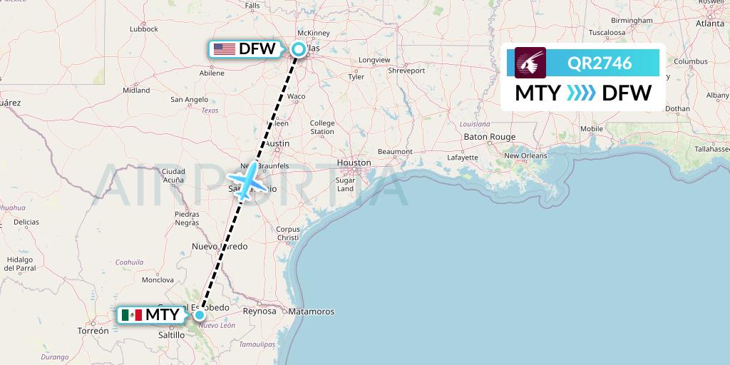 QR2746 Qatar Airways Flight Map: Monterrey to Dallas
