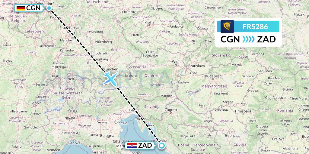 FR5286 Ryanair Flight Map: Cologne to Zadar
