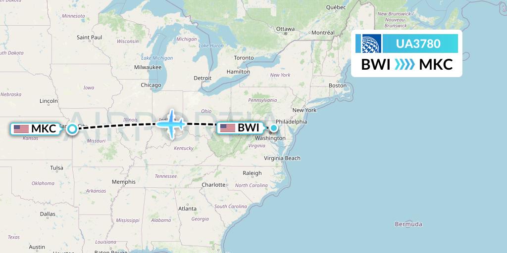 UA3780 United Airlines Flight Map: Baltimore to Kansas City