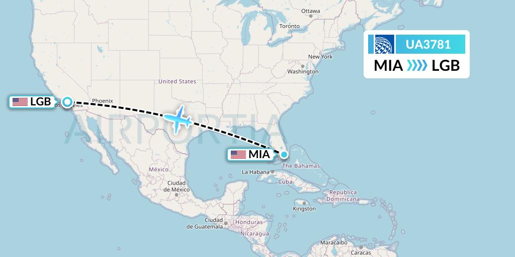 UA3781 United Airlines Flight Map: Miami to Long Beach