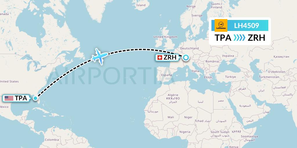LH4509 Lufthansa Flight Map: Tampa to Zurich