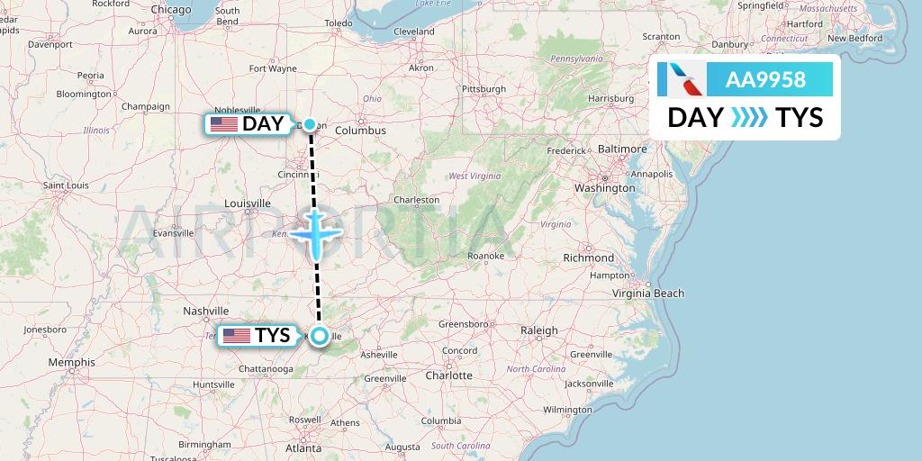 AA9958 American Airlines Flight Map: Dayton to Knoxville