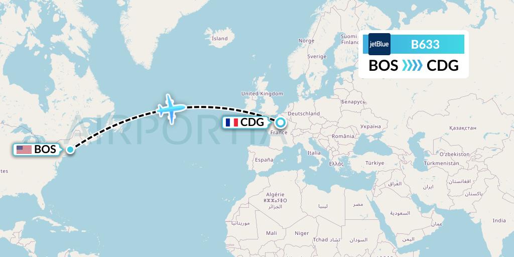 B633 JetBlue Airways Flight Map: Boston to Paris