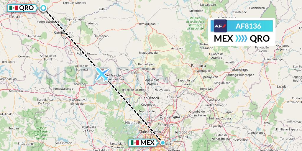 AF8136 Air France Flight Map: Mexico City to Queretaro