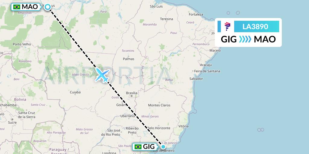 LA3890 LAN Airlines Flight Map: Rio de Janeiro to Manaus