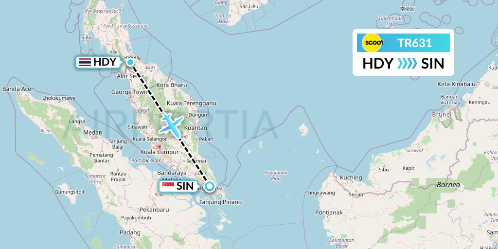 TR631 Tigerair Flight Map: Hat Yai to Singapore