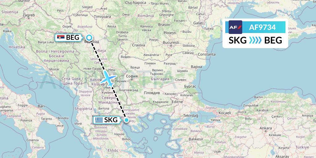 AF9734 Air France Flight Map: Thessaloniki to Belgrade