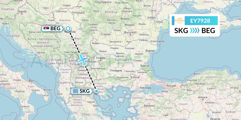 EY7928 Etihad Airways Flight Map: Thessaloniki to Belgrade