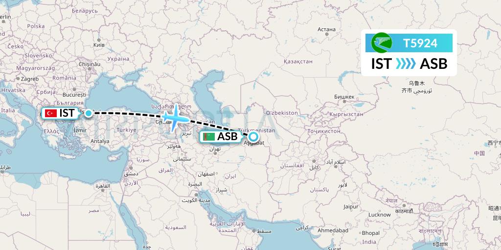 T5924 Turkmenistan Airlines Flight Map: Istanbul to Ashgabat