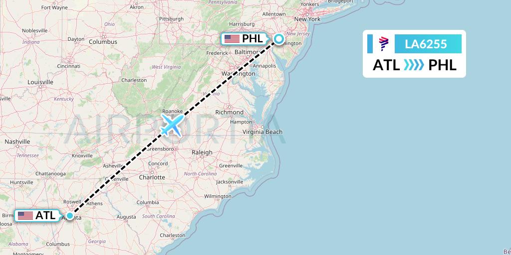 LA6255 LAN Airlines Flight Map: Atlanta to Philadelphia