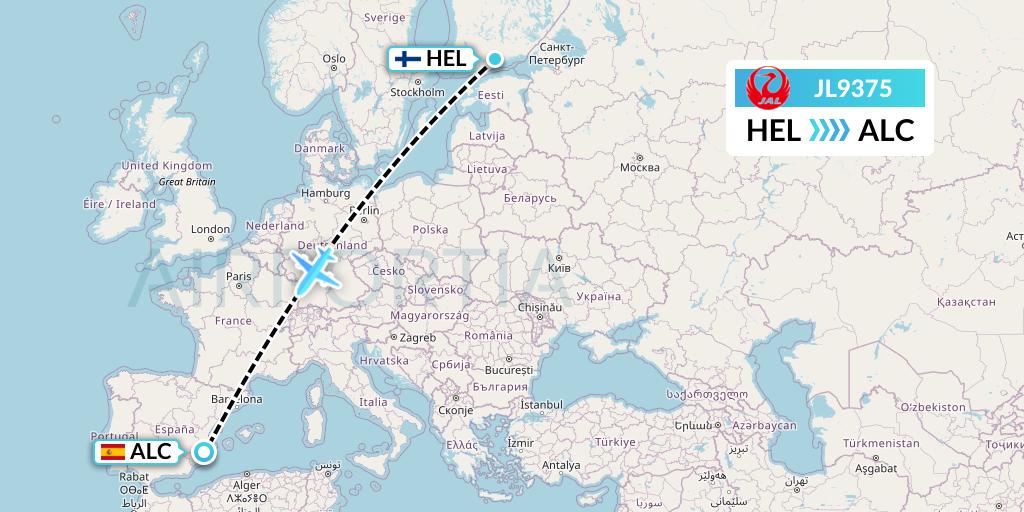 JL9375 Japan Airlines Flight Map: Helsinki to Alicante