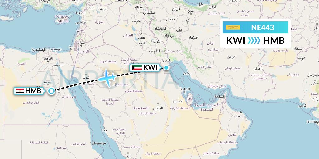 NE443 Nesma Airlines Flight Map: Kuwait City to Sohag