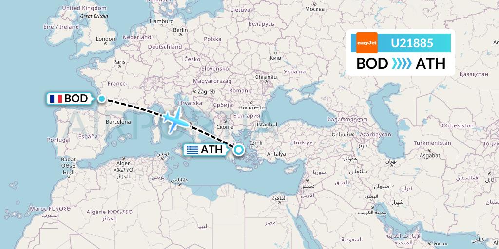 U21885 EasyJet Flight Map: Bordeaux to Athens