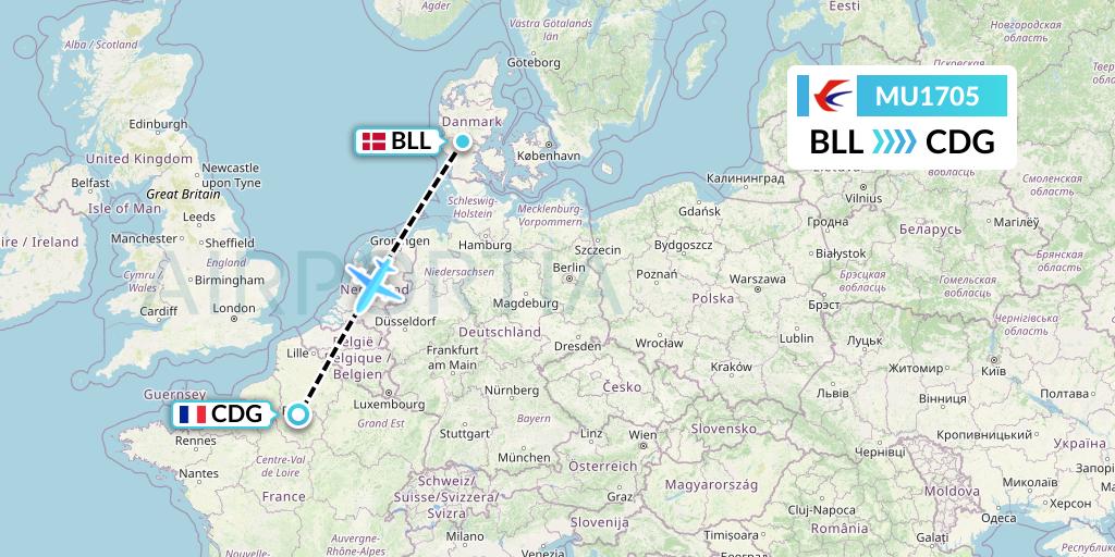 MU1705 China Eastern Airlines Flight Map: Billund to Paris