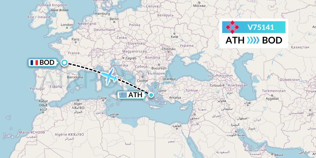 V75141 Volotea Flight Map: Athens to Bordeaux