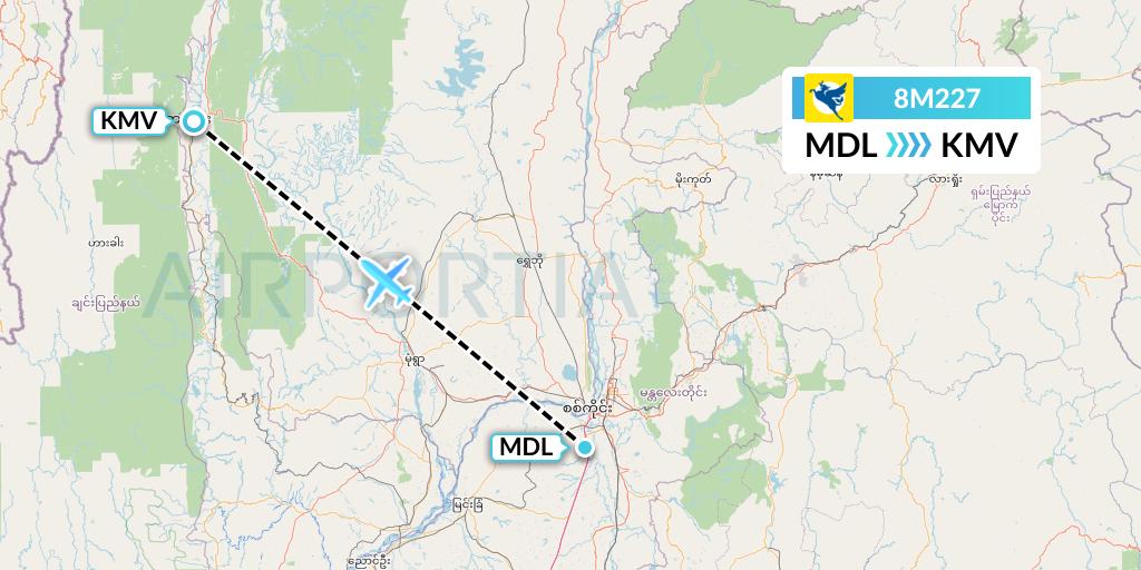 8M227 Myanmar Airways International Flight Map: Mandalay to Kalemyo