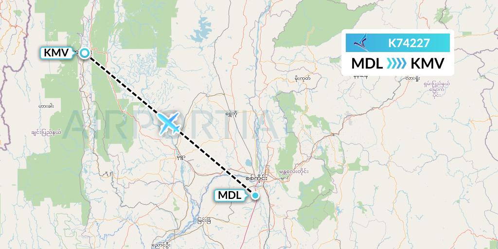 K74227 Air KBZ Flight Map: Mandalay to Kalemyo