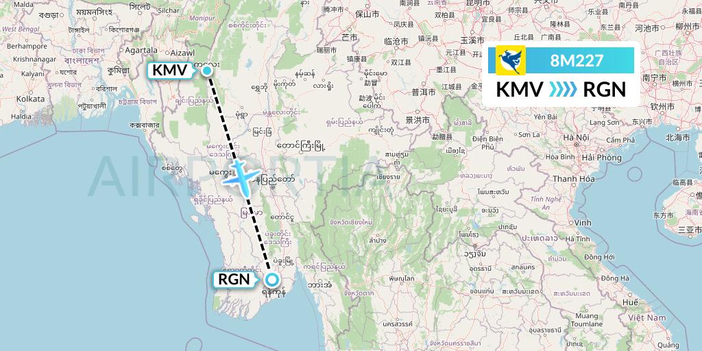 8M227 Myanmar Airways International Flight Map: Kalemyo to Yangon