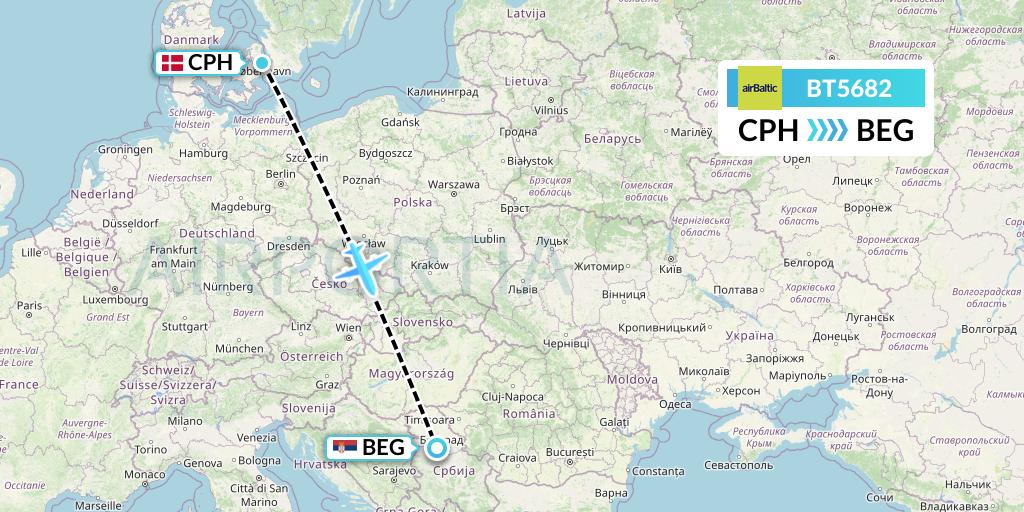 BT5682 Air Baltic Flight Map: Copenhagen to Belgrade