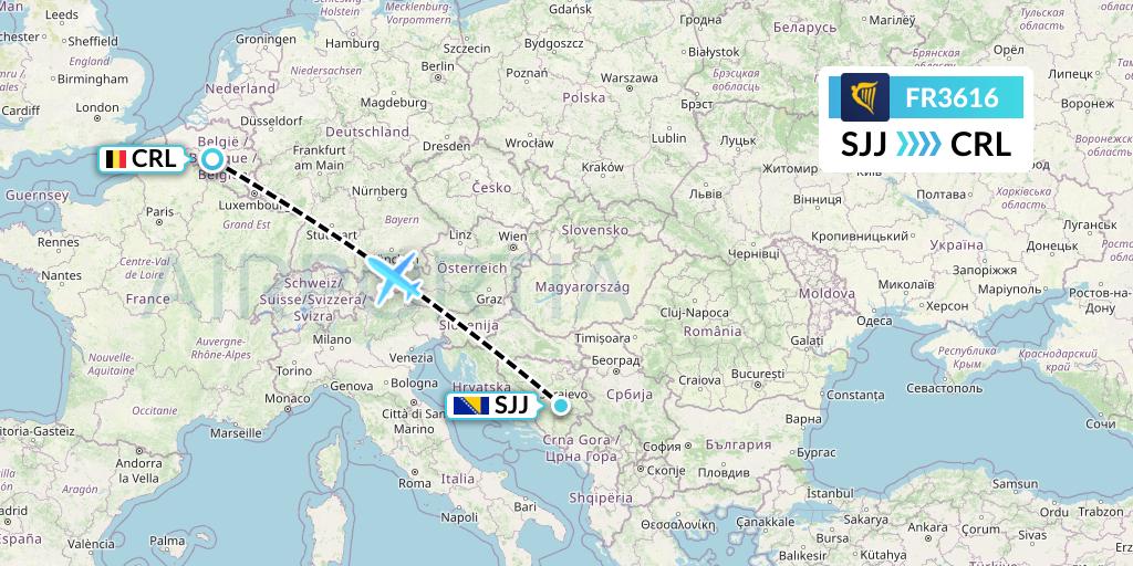 FR3616 Ryanair Flight Map: Sarajevo to Brussels