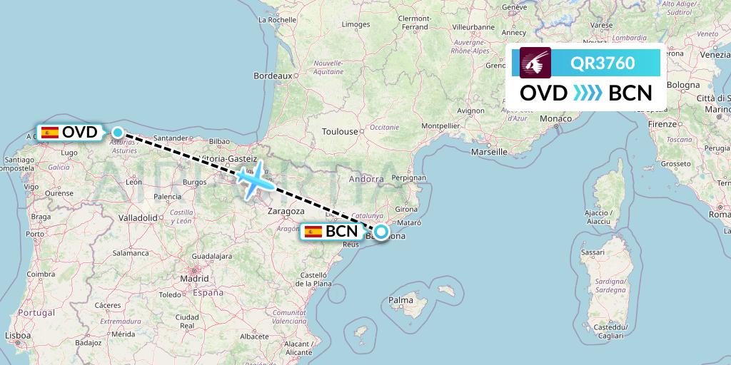 QR3760 Qatar Airways Flight Map: Asturias to Barcelona