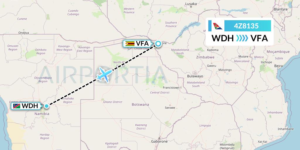 4Z8135 Airlink Flight Map: Windhoek to Victoria Falls
