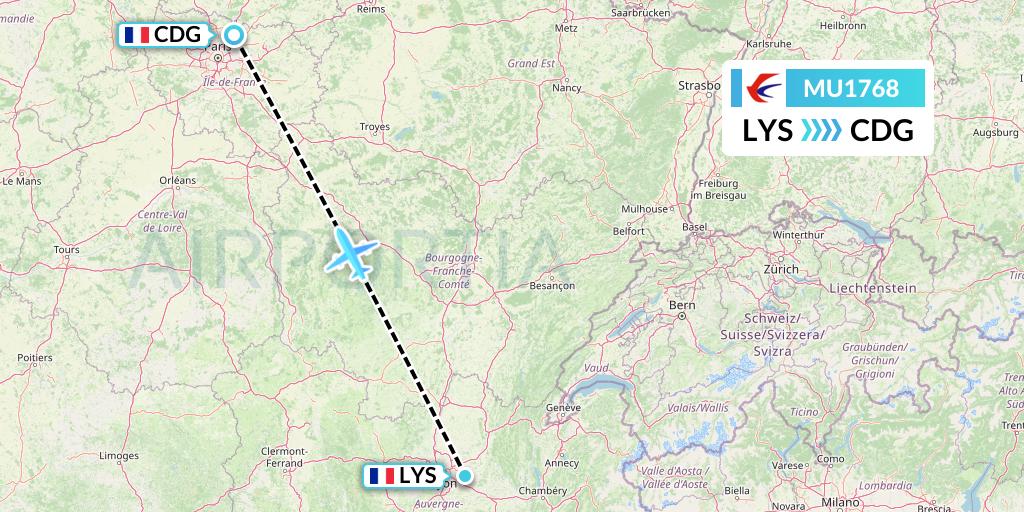 MU1768 China Eastern Airlines Flight Map: Lyon to Paris