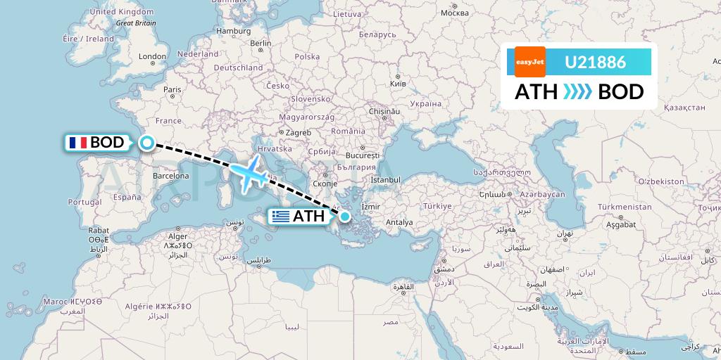 U21886 EasyJet Flight Map: Athens to Bordeaux