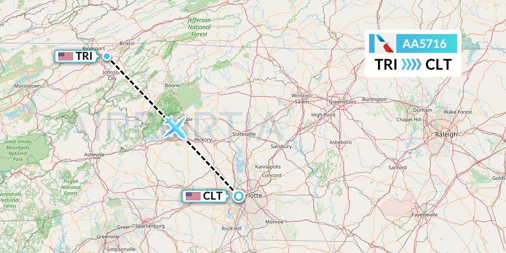 AA5716 American Airlines Flight Map: Blountville to Charlotte