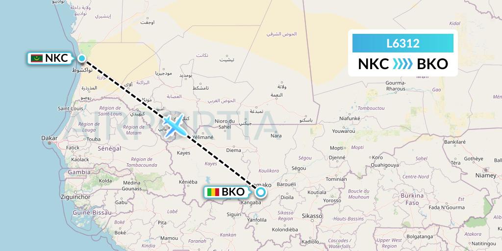 L6312 Mauritania Airlines International Flight Map: Nouakchott to Bamako