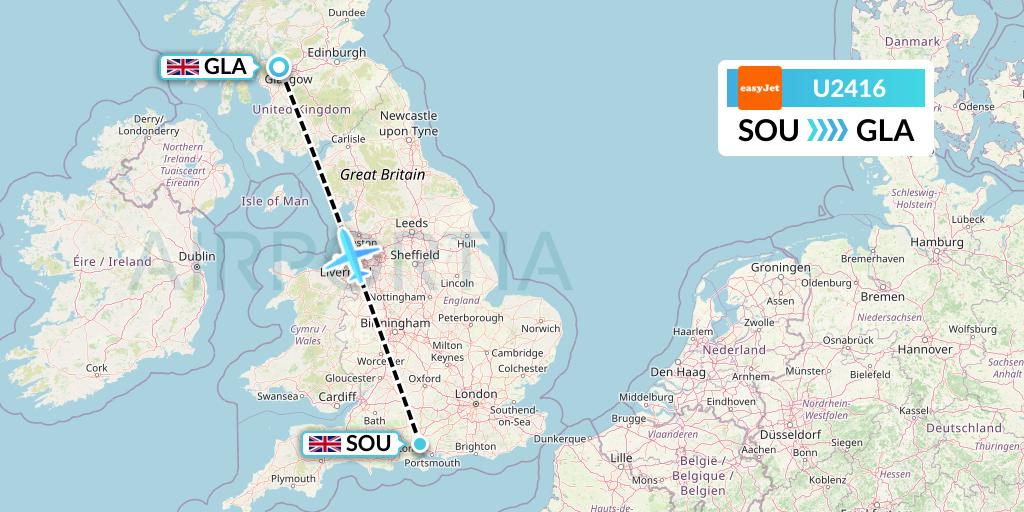 U2416 EasyJet Flight Map: Southampton to Glasgow
