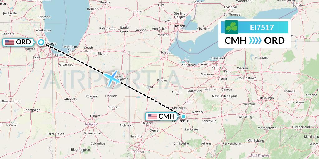 EI7517 Aer Lingus Flight Map: Columbus to Chicago