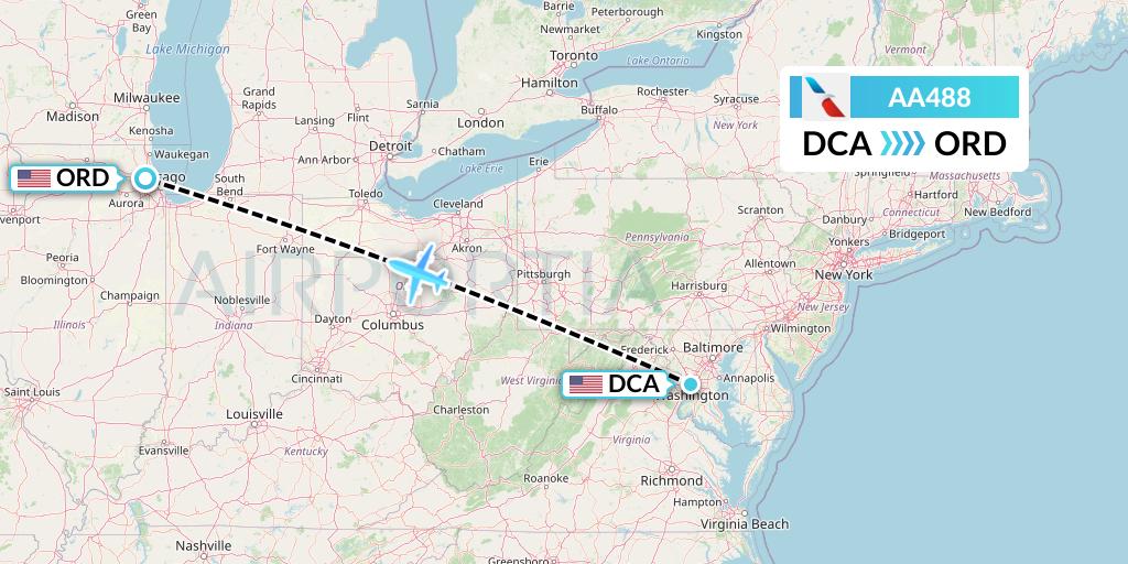 AA488 American Airlines Flight Map: Washington to Chicago