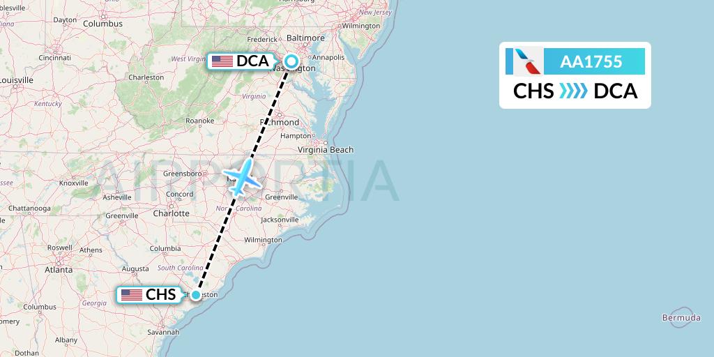 AA1755 American Airlines Flight Map: Charleston to Washington