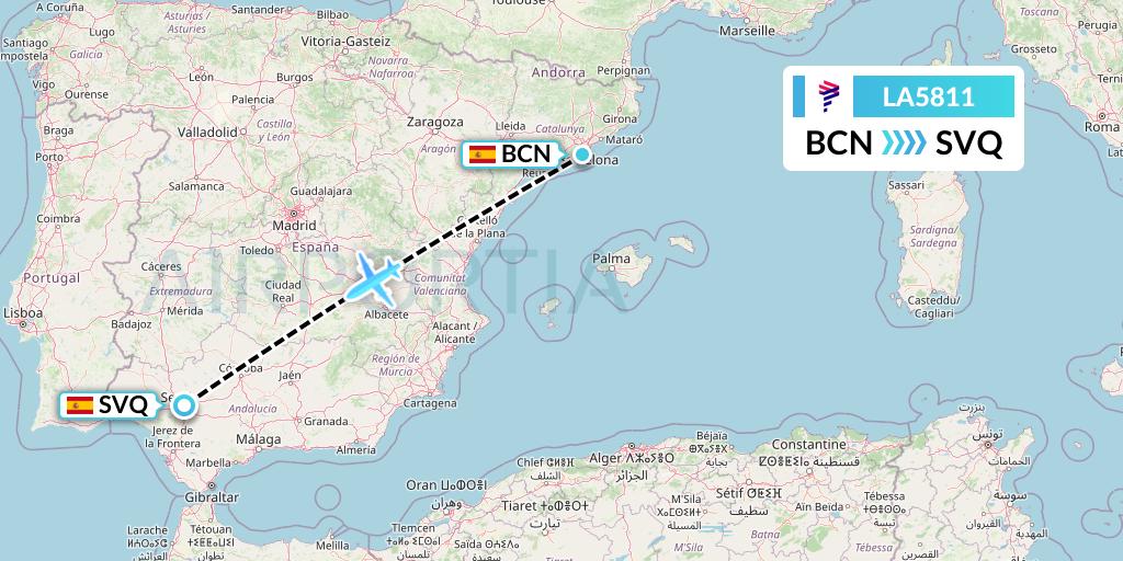 LA5811 LAN Airlines Flight Map: Barcelona to Seville